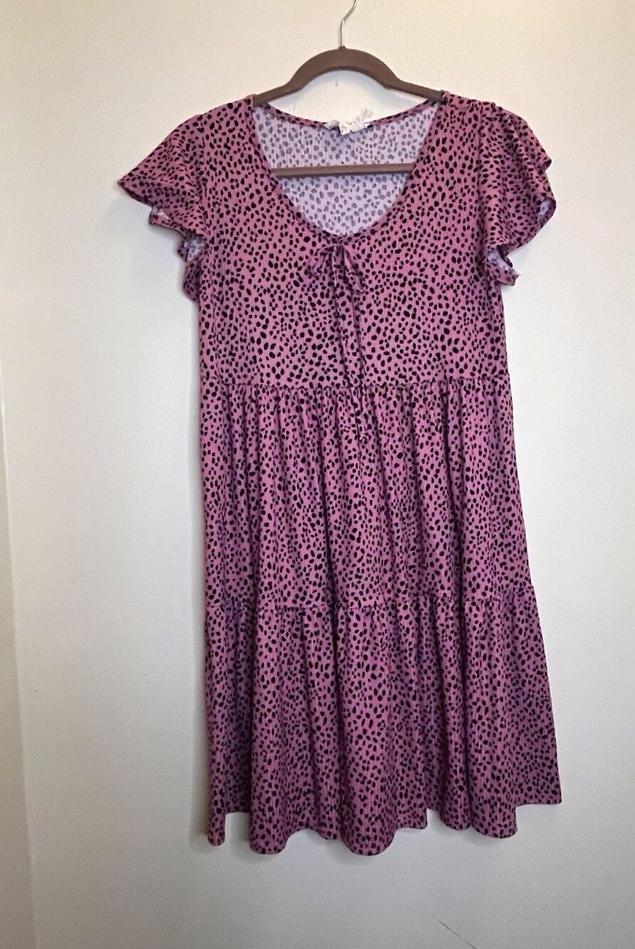 Jessica Simpson Dress Sz: L Pink/Black Polka Dot Flutter Tiered V-Neck Women's